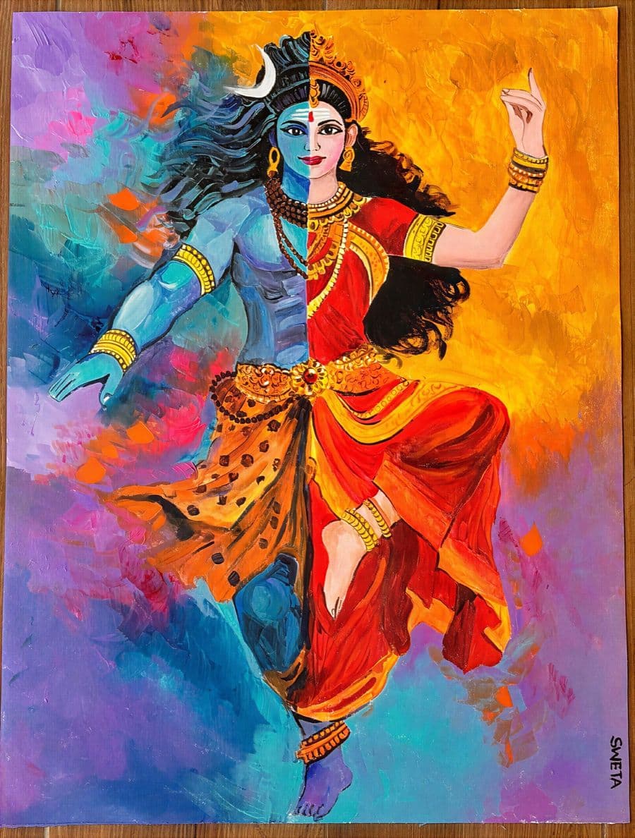 Acrylic painting of Ardhanarishvara, half Shiva and half Parvati, dancing in scarlet and blue against a violet and gold background
