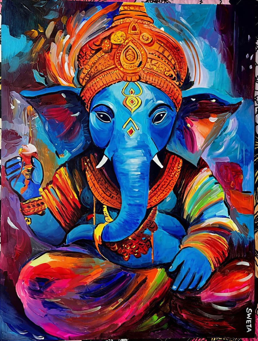 Acrylic painting of Ganesha in cobalt blue with an ornate crimson and gold crown, against a field of magenta and turquoise brushwork