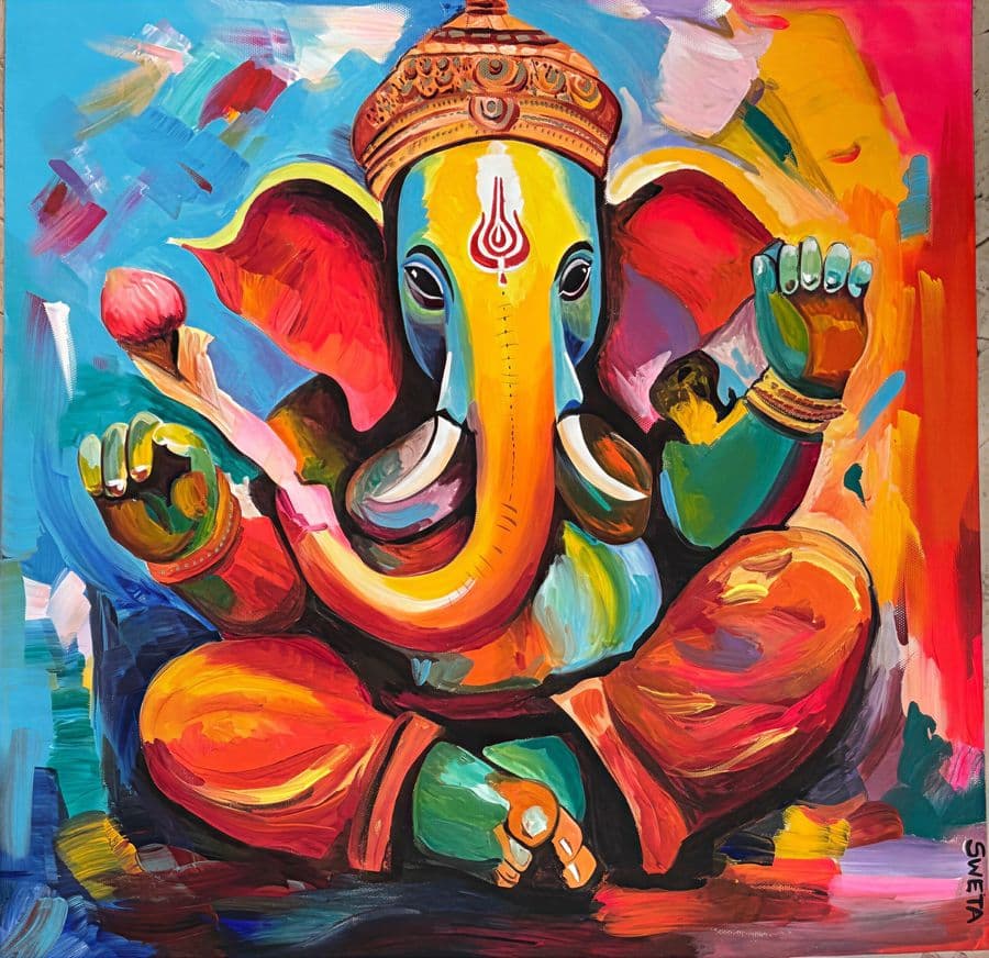 Acrylic painting of Ganesha rendered in bold angular planes of orange, red, and green with thick palette-knife texture