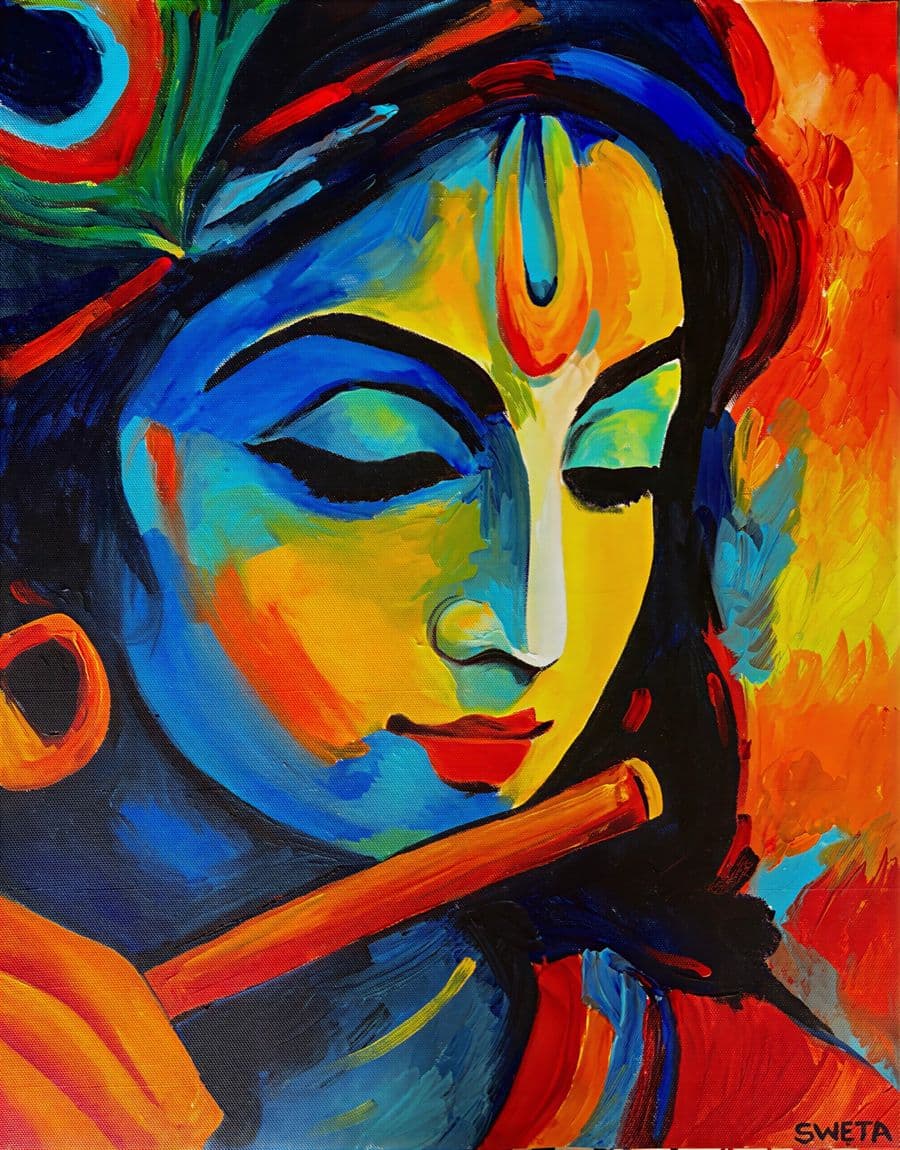 Close-up acrylic portrait of Krishna with eyes closed playing a flute, face painted in blue, gold, and orange planes