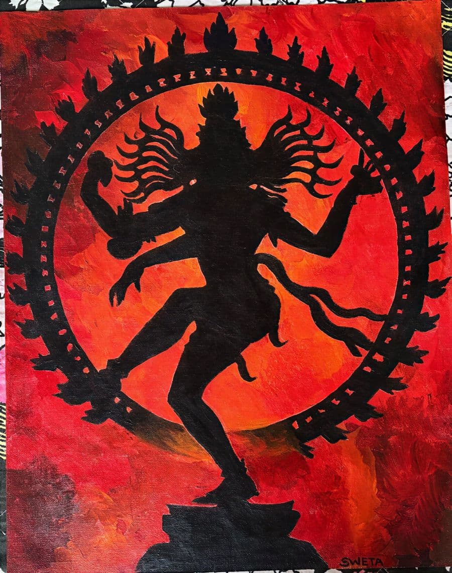 Acrylic painting of Nataraja as a black silhouette dancing inside a ring of fire, on a burning red and orange ground