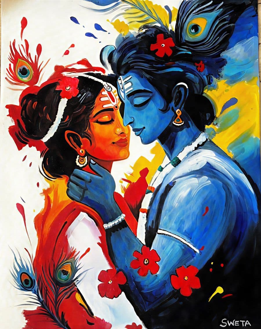 Acrylic painting of Radha and Krishna face to face in an embrace, with peacock feathers and scarlet flowers around them