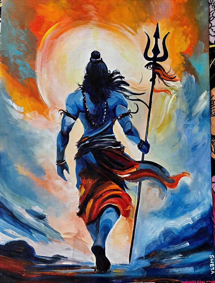 Acrylic painting of Shiva seen from behind carrying a trident, walking into a blazing white and orange sun