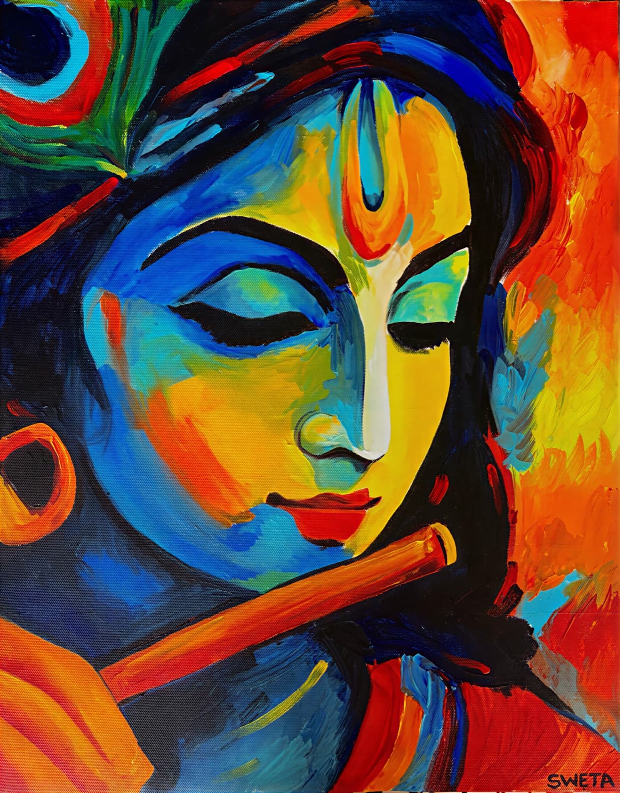 Detail from a painting of Krishna's face in blue and gold